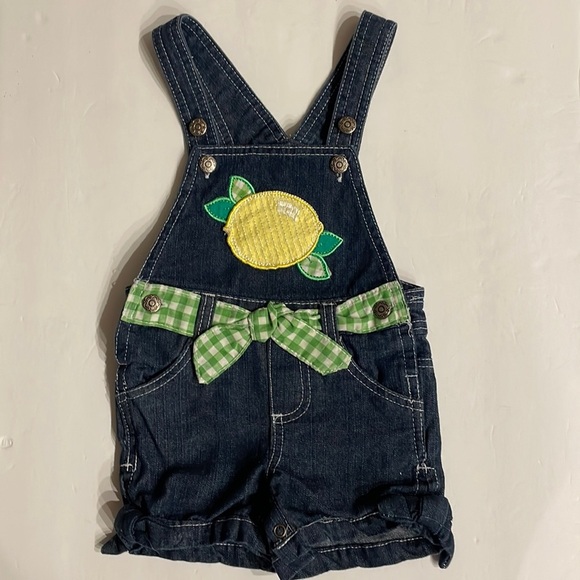 Baby girl 12 M shortalls sequins lemon appliqué / attached green check tie belt - Picture 1 of 11